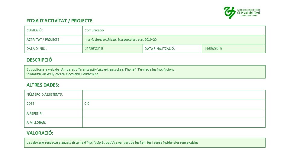 FITXA D’ACTIVITAT / PROJECTE COMISSIÓ: Comunicació ACTIVITAT / PROJECTE Inscripcions Activitats Extraescolars curs 2019