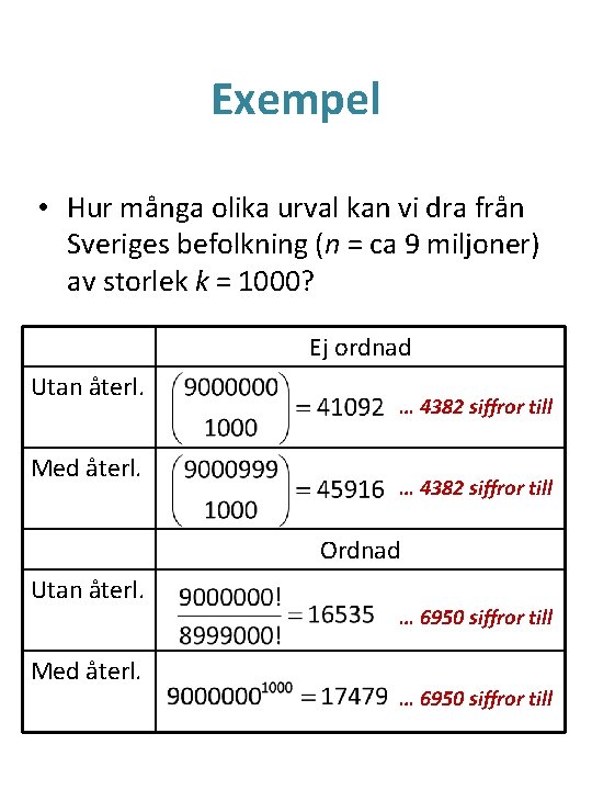 Exempel • Hur många olika urval kan vi dra från Sveriges befolkning (n =