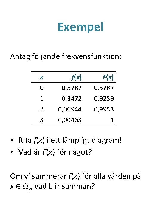 Exempel Antag följande frekvensfunktion: x 0 1 2 f(x) 0, 5787 0, 3472 0,