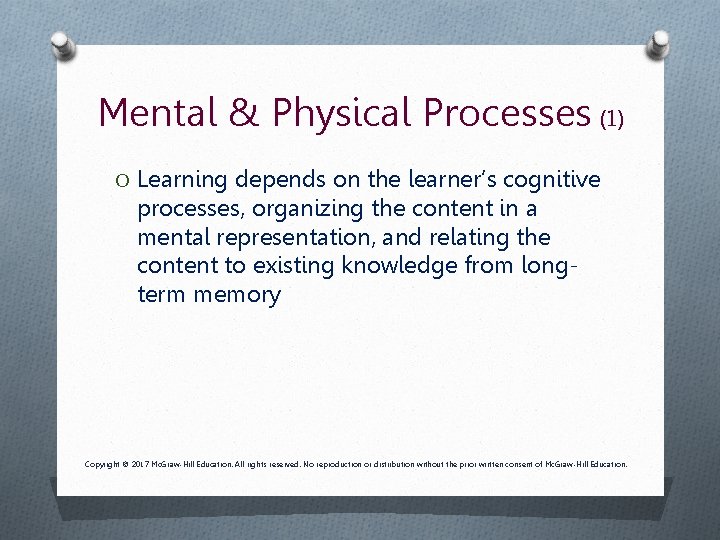 Mental & Physical Processes (1) O Learning depends on the learner’s cognitive processes, organizing Mental & Physical Processes (1) O Learning depends on the learner’s cognitive processes, organizing
