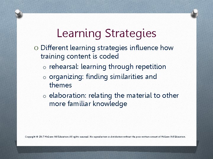 Learning Strategies O Different learning strategies influence how training content is coded o rehearsal: Learning Strategies O Different learning strategies influence how training content is coded o rehearsal: