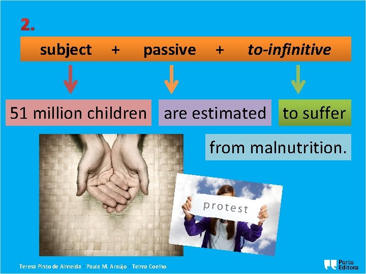 2. subject + passive + to-infinitive 51 million children are estimated to suffer from