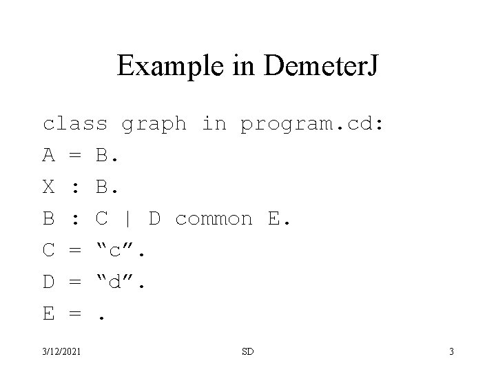 Example in Demeter. J class graph in program. cd: A = B. X :