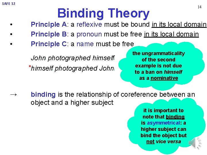 SAFE 12 Binding Theory • • • Principle A: a reflexive must be bound SAFE 12 Binding Theory • • • Principle A: a reflexive must be bound