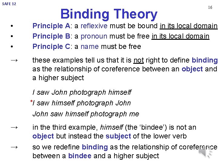 SAFE 12 Binding Theory 16 • • • Principle A: a reflexive must be SAFE 12 Binding Theory 16 • • • Principle A: a reflexive must be