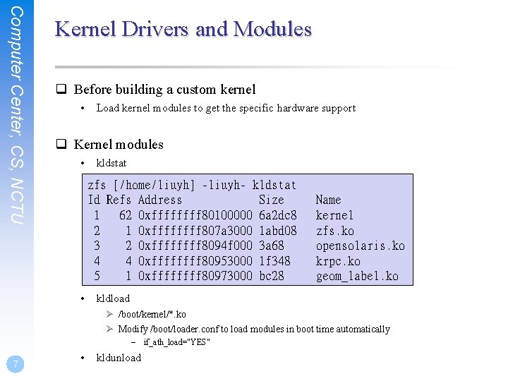 Computer Center, CS, NCTU Kernel Drivers and Modules q Before building a custom kernel