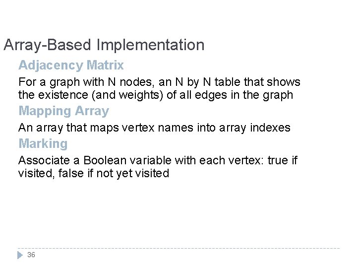 Array-Based Implementation Adjacency Matrix For a graph with N nodes, an N by N