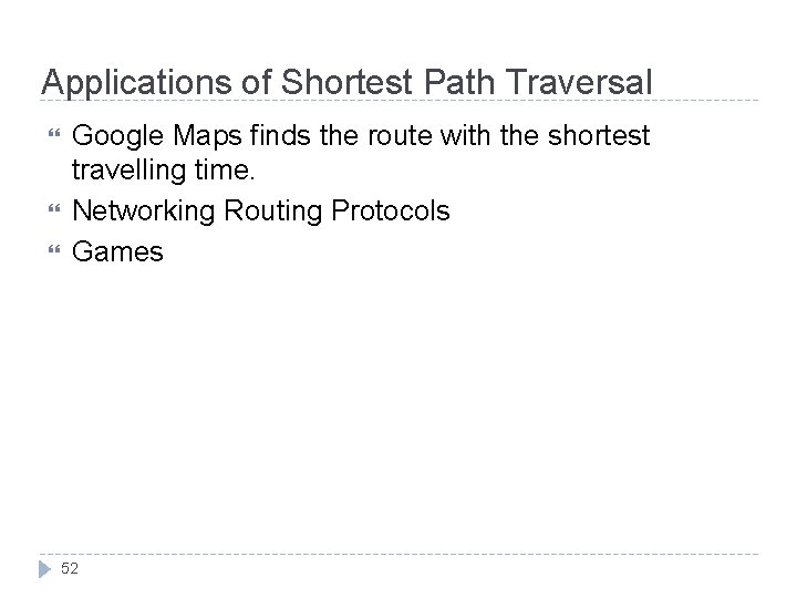 Applications of Shortest Path Traversal Google Maps finds the route with the shortest travelling