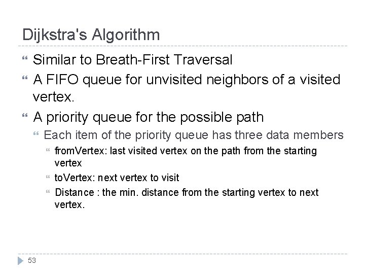 Dijkstra's Algorithm Similar to Breath-First Traversal A FIFO queue for unvisited neighbors of a