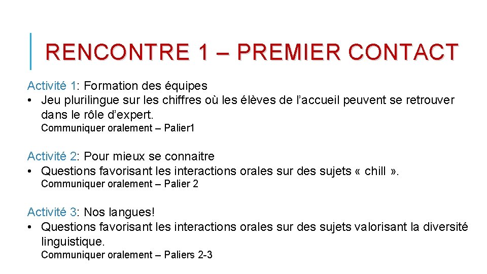 RENCONTRE 1 – PREMIER CONTACT Activité 1: Formation des équipes • Jeu plurilingue sur