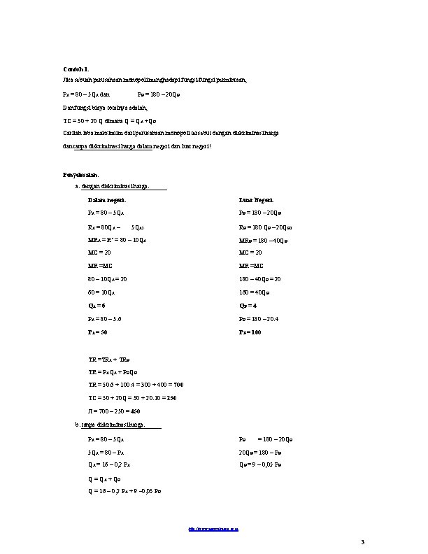 Contoh 1: Jika sebuah perusahaan monopoli menghadapi fungsi-fungsi permintaan, PA = 80 – 5