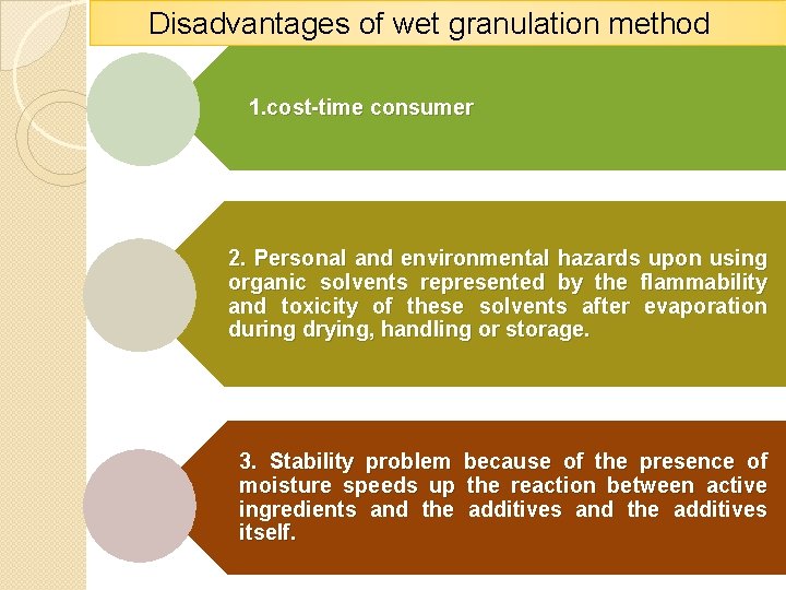 Disadvantages of wet granulation method 1. cost-time consumer 2. Personal and environmental hazards upon