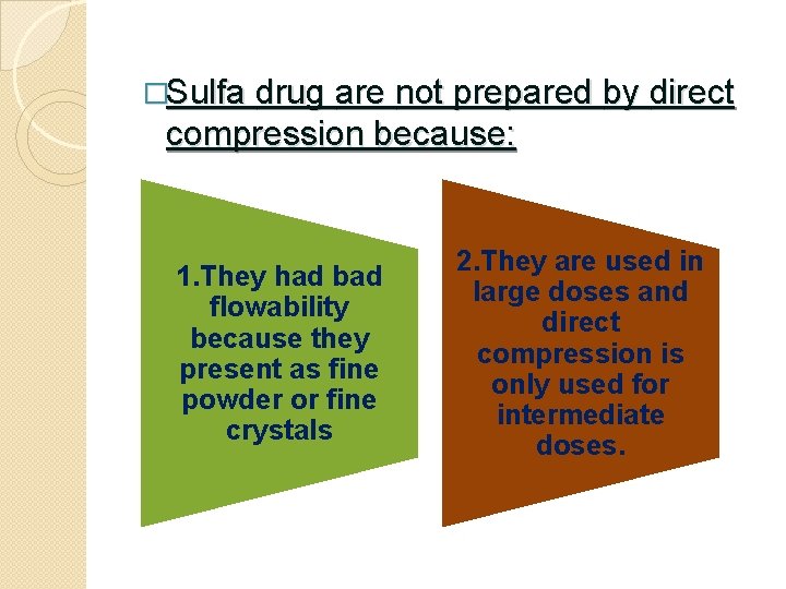 �Sulfa drug are not prepared by direct compression because: 1. They had bad flowability