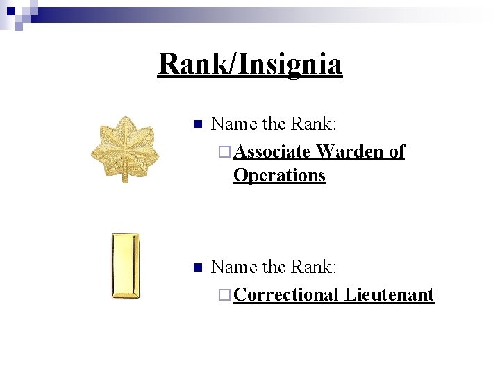 Rank/Insignia n Name the Rank: ¨ Associate Warden of Operations n Name the Rank: