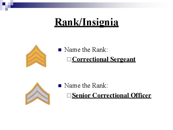 Rank/Insignia n Name the Rank: ¨ Correctional Sergeant n Name the Rank: ¨ Senior