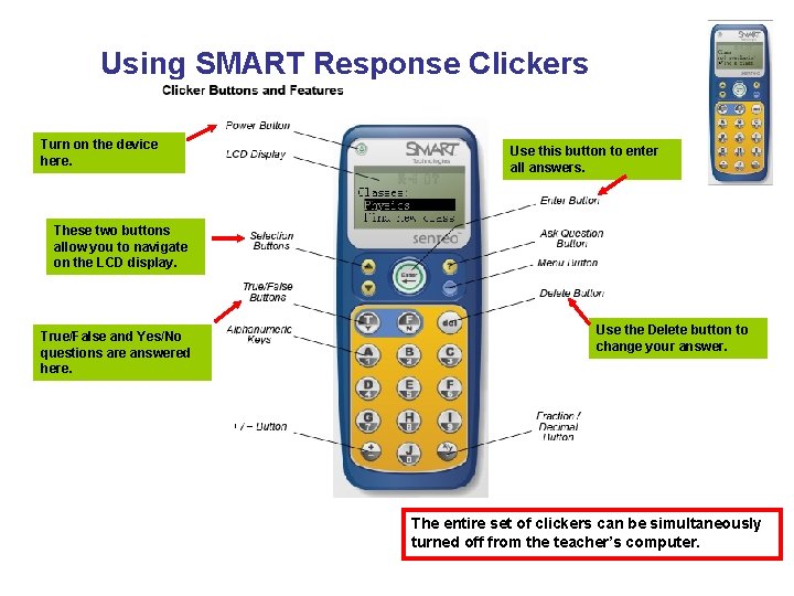 Using SMART Response Clickers Turn on the device here. Use this button to enter