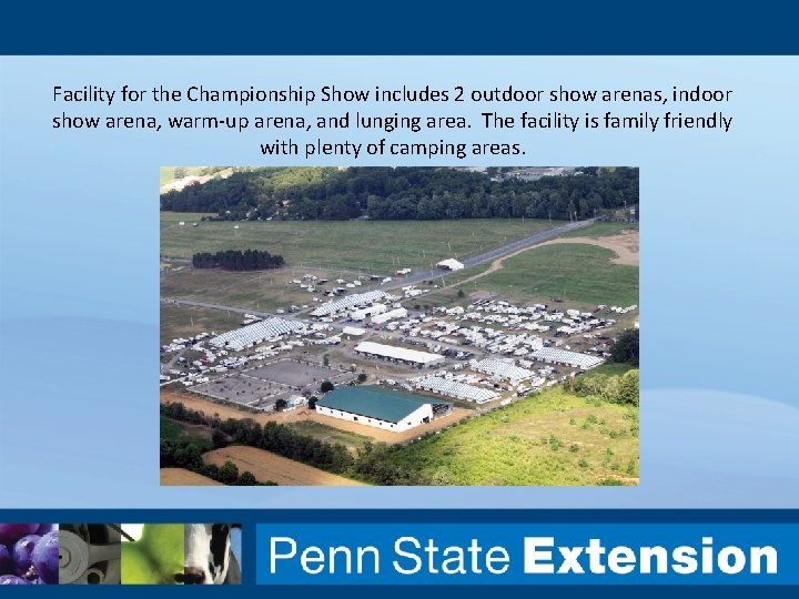 Facility for the Championship Show includes 2 outdoor show arenas, indoor show arena, warm-up