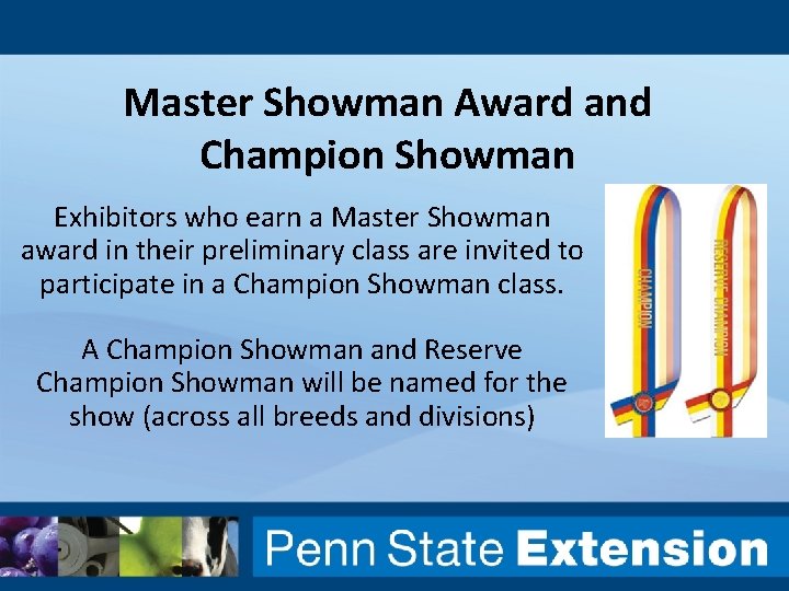 Master Showman Award and Champion Showman Exhibitors who earn a Master Showman award in