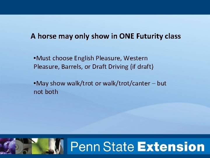 A horse may only show in ONE Futurity class • Must choose English Pleasure,