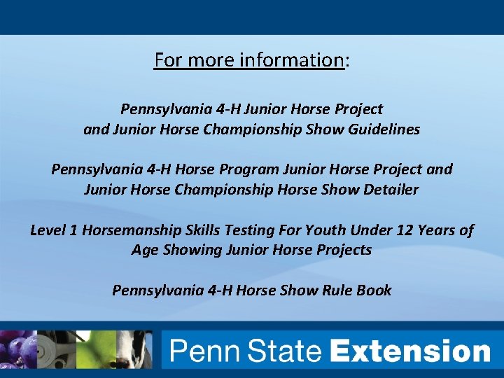 For more information: Pennsylvania 4 -H Junior Horse Project and Junior Horse Championship Show