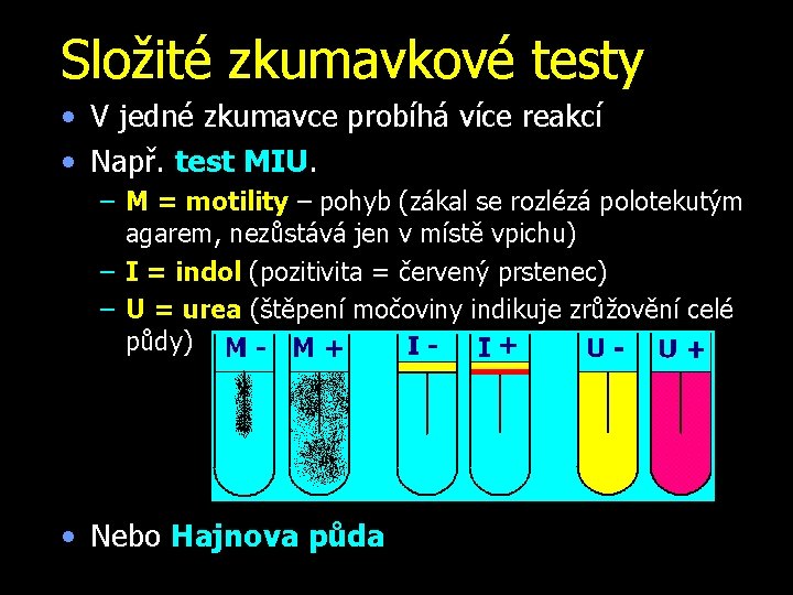 Složité zkumavkové testy • V jedné zkumavce probíhá více reakcí • Např. test MIU. Složité zkumavkové testy • V jedné zkumavce probíhá více reakcí • Např. test MIU.