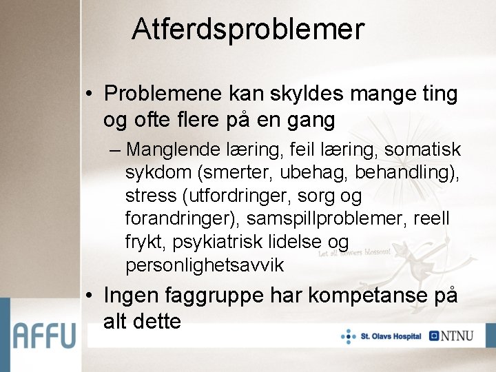 Atferdsproblemer • Problemene kan skyldes mange ting og ofte flere på en gang –