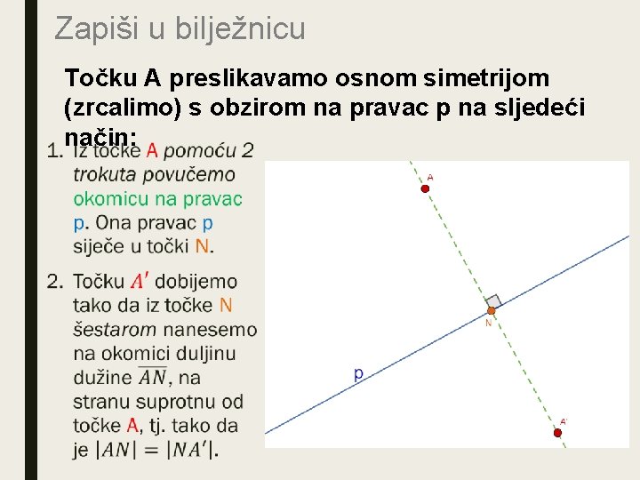 Zapiši u bilježnicu Točku A preslikavamo osnom simetrijom (zrcalimo) s obzirom na pravac p