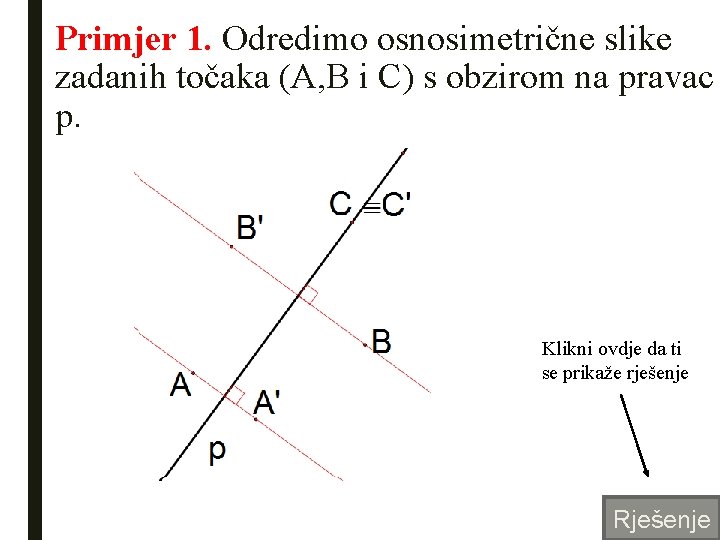 Primjer 1. Odredimo osnosimetrične slike zadanih točaka (A, B i C) s obzirom na