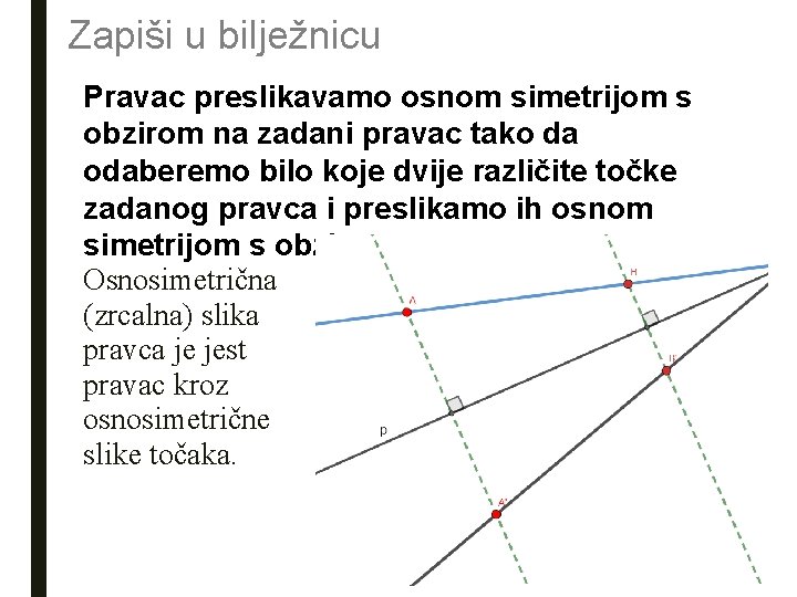 Zapiši u bilježnicu Pravac preslikavamo osnom simetrijom s obzirom na zadani pravac tako da