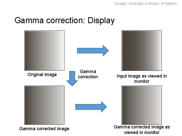 Images: Gonzalez & Woods, 3 rd edition Gamma correction: Display Original image Gamma corrected Images: Gonzalez & Woods, 3 rd edition Gamma correction: Display Original image Gamma corrected