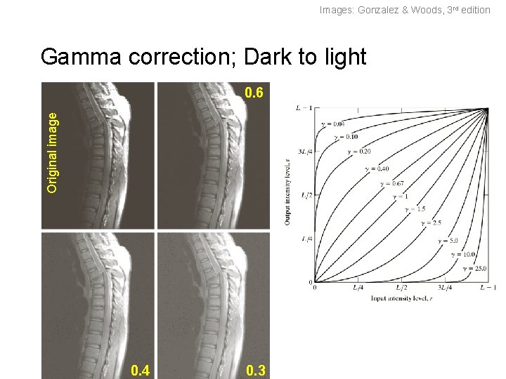 Images: Gonzalez & Woods, 3 rd edition Gamma correction; Dark to light Original image Images: Gonzalez & Woods, 3 rd edition Gamma correction; Dark to light Original image