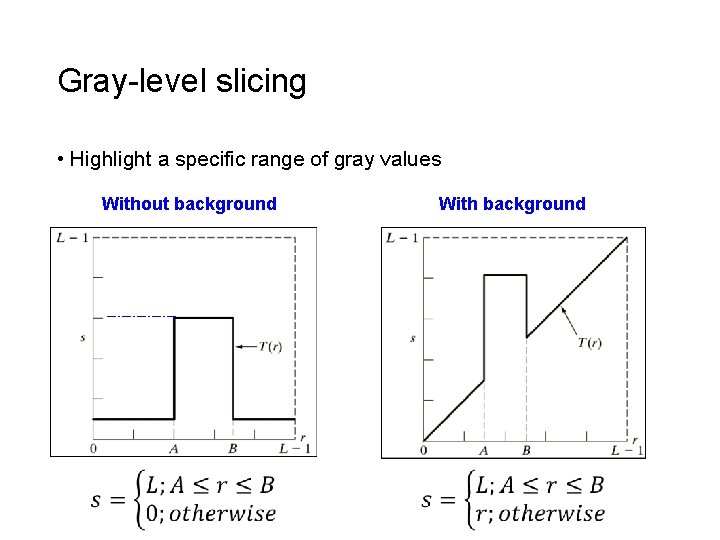Gray-level slicing • Highlight a specific range of gray values With background Without background Gray-level slicing • Highlight a specific range of gray values With background Without background