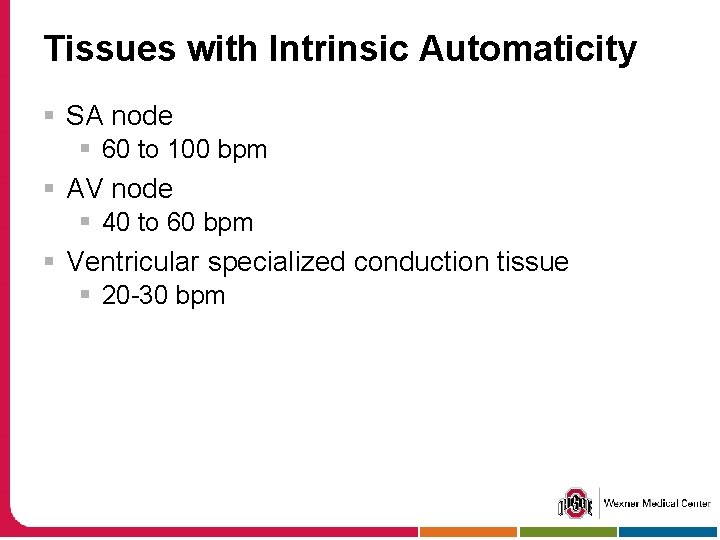 Tissues with Intrinsic Automaticity § SA node § 60 to 100 bpm § AV