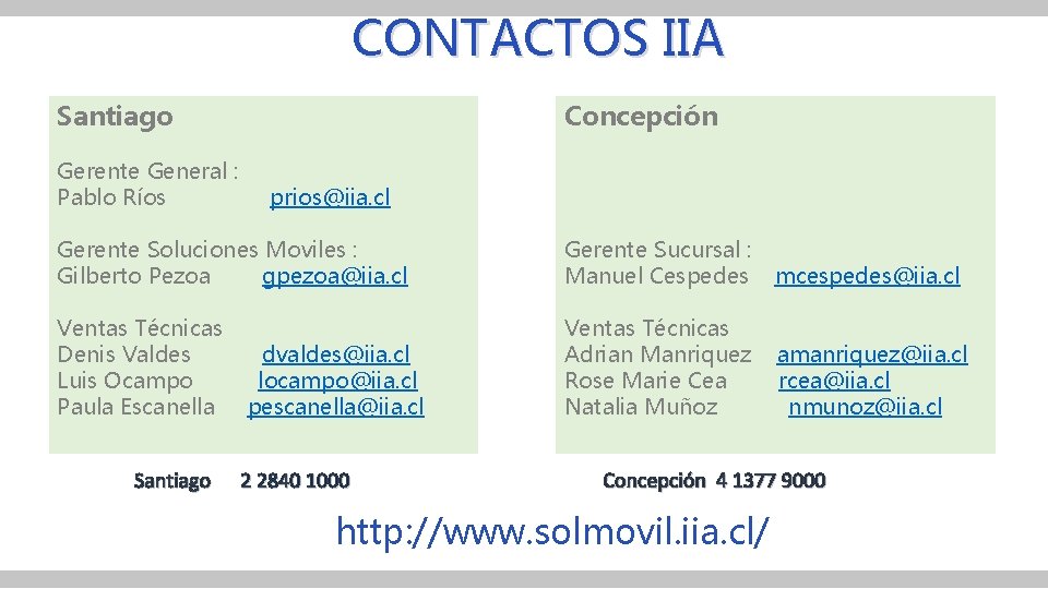 CONTACTOS IIA Santiago Concepción Gerente General : Pablo Ríos prios@iia. cl Gerente Soluciones Moviles