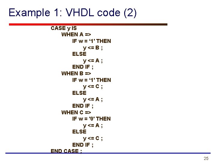 Example 1: VHDL code (2) CASE y IS WHEN A => IF w =