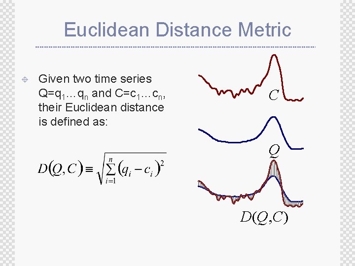 Euclidean Distance Metric ± Given two time series Q=q 1…qn and C=c 1…cn, their