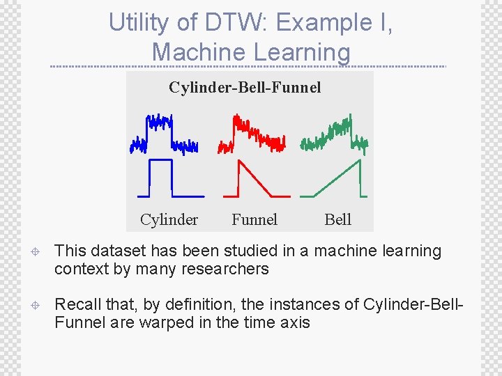 Utility of DTW: Example I, Machine Learning Cylinder-Bell-Funnel Cylinder Funnel Bell ± This dataset