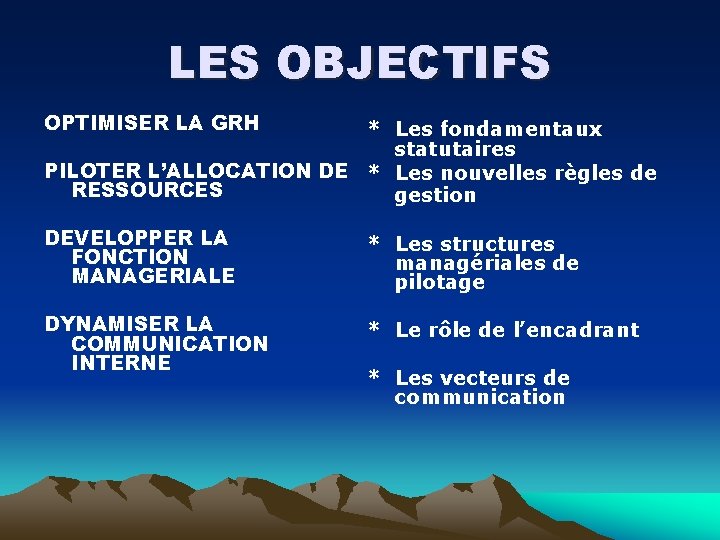 LES OBJECTIFS OPTIMISER LA GRH * Les fondamentaux statutaires PILOTER L’ALLOCATION DE * Les