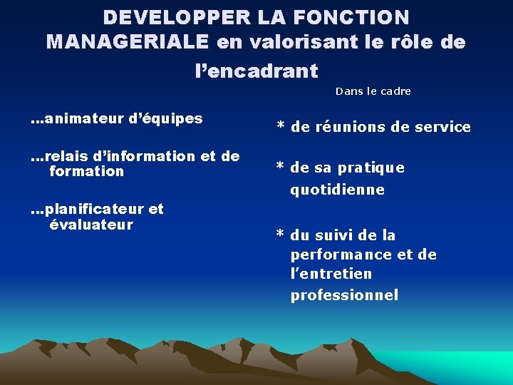 DEVELOPPER LA FONCTION MANAGERIALE en valorisant le rôle de l’encadrant Dans le cadre …animateur