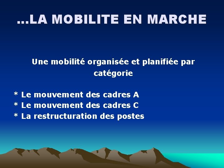 …LA MOBILITE EN MARCHE Une mobilité organisée et planifiée par catégorie * Le mouvement