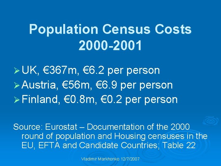 Population Census Costs 2000 -2001 Ø UK, € 367 m, € 6. 2 person