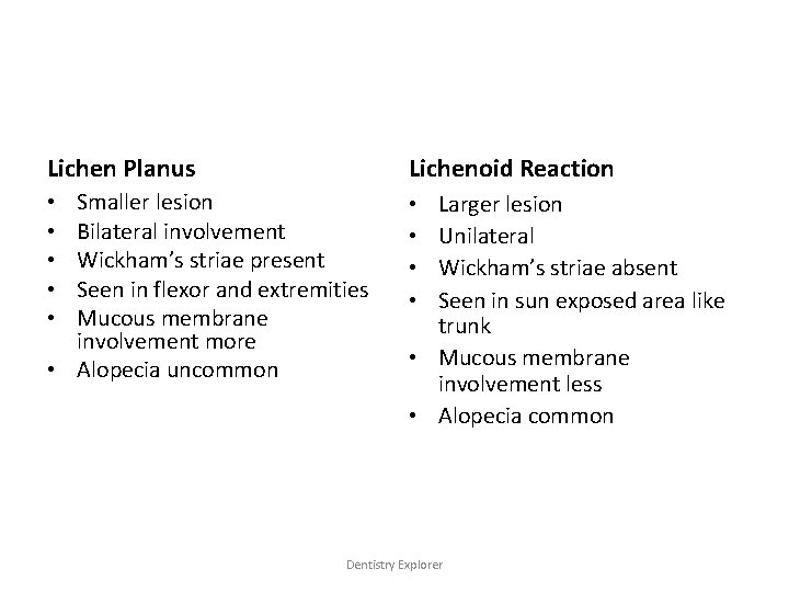 Lichen Planus Lichenoid Reaction Smaller lesion Bilateral involvement Wickham’s striae present Seen in flexor