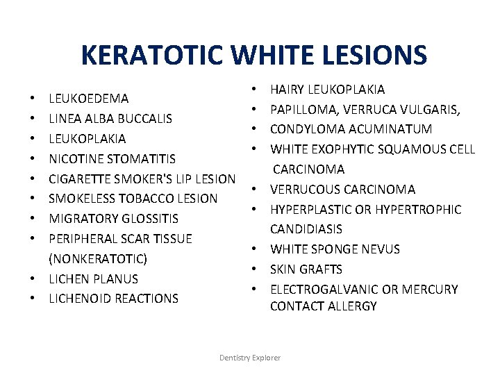 KERATOTIC WHITE LESIONS LEUKOEDEMA LINEA ALBA BUCCALIS LEUKOPLAKIA NICOTINE STOMATITIS CIGARETTE SMOKER'S LIP LESION