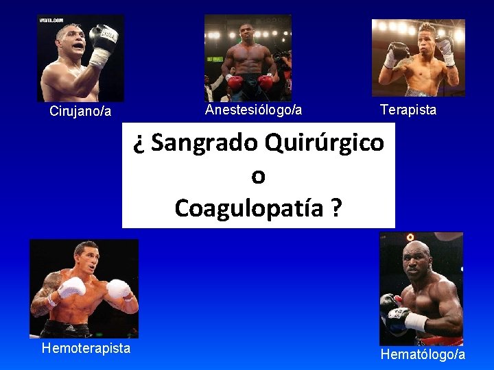 Cirujano/a Anestesiólogo/a Terapista ¿ Sangrado Quirúrgico o Coagulopatía ? Hemoterapista Hematólogo/a 