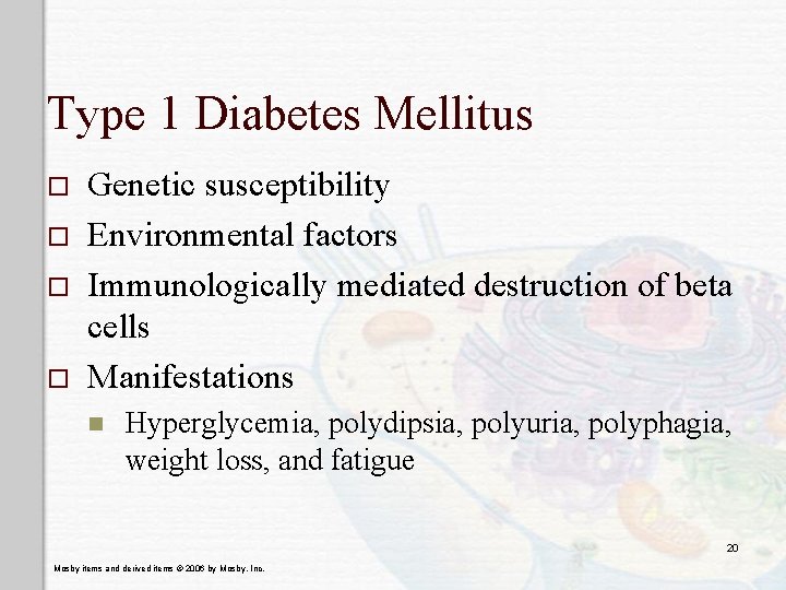 Type 1 Diabetes Mellitus o o Genetic susceptibility Environmental factors Immunologically mediated destruction of