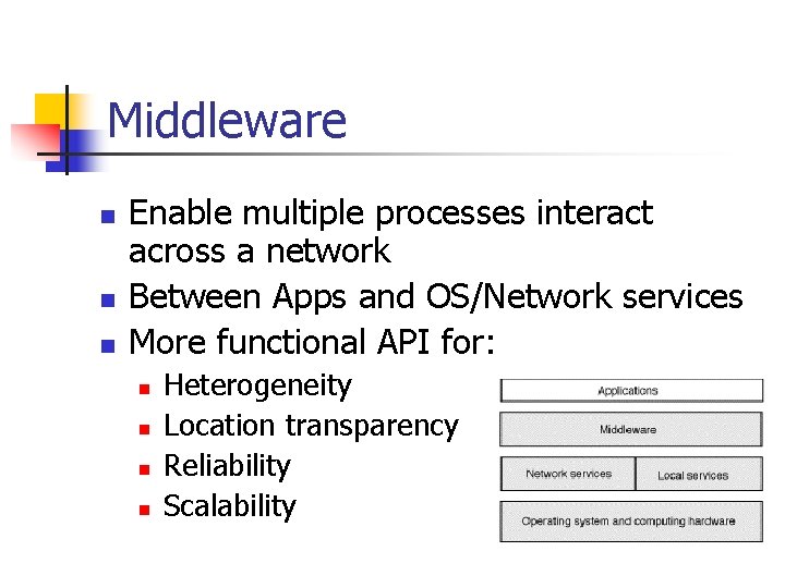 Middleware n n n Enable multiple processes interact across a network Between Apps and