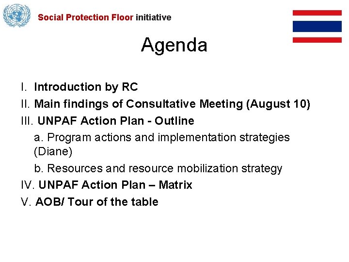 Social Protection Floor initiative Agenda I. Introduction by RC II. Main findings of Consultative