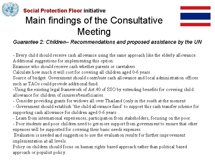 Social Protection Floor initiative Main findings of the Consultative Meeting Guarantee 2: Children– Recommendations