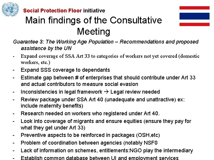 Social Protection Floor initiative Main findings of the Consultative Meeting Guarantee 3: The Working