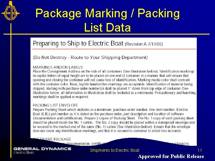 Package Marking / Packing List Data Shipments to Electric Boat 11 Approved for Public